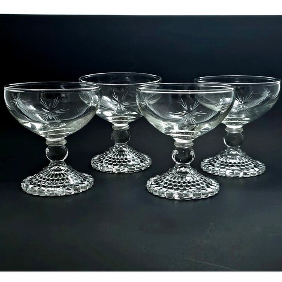 Anchor Hocking Bubble Foot Champagne Glasses 6oz cut glass starburst rays 4pc - Picture 1 of 8